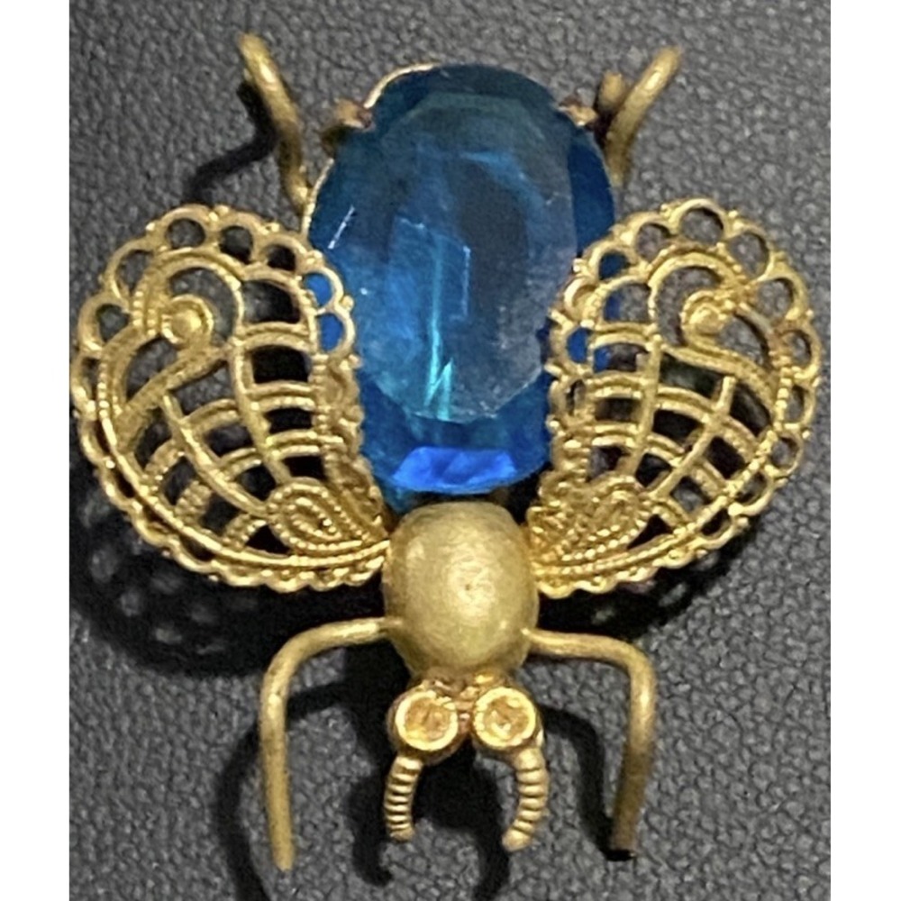 Vtg  Insect Brooch Turquoise Blue Stone Eyes Yellow Stones Gold Toned Filigree